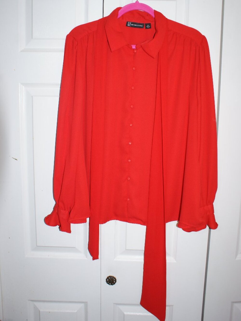 New York and Company Red Tie-Neck Blouse Long Sleeve - XL LIKE NEW